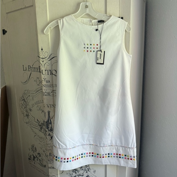 NWT Guaranteed Authentic Fendi Girl’s White Embroidered Sleeveless Dress w/ Logo - Picture 1 of 16